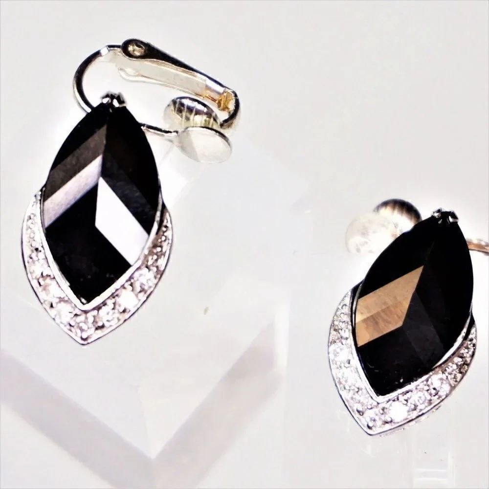 Vintage Delicate Clip On Earrings Black Iolite Mineral With Crystals